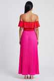 Robe maskini en fuchsia à épaules dénudées en ligne A et plissée rouge avec volants