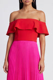 Robe maskini en fuchsia à épaules dénudées en ligne A et plissée rouge avec volants