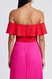 Robe maskini en fuchsia à épaules dénudées en ligne A et plissée rouge avec volants