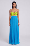 Robe longue plissée Sweetheart A-Line verte et bleue avec nœud