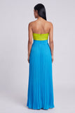 Robe longue plissée Sweetheart A-Line verte et bleue avec nœud