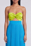 Robe longue plissée Sweetheart A-Line verte et bleue avec nœud