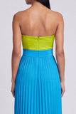 Robe longue plissée Sweetheart A-Line verte et bleue avec nœud