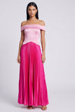 Robe maxi, plissée plissée en satin rose et fuchsia décollée