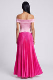 Robe maxi, plissée plissée en satin rose et fuchsia décollée