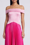 Robe maxi, plissée plissée en satin rose et fuchsia décollée