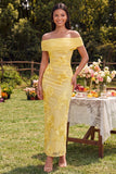 Robe Maxi fleurie jaune bodycon, épaule dénudée, avec fente