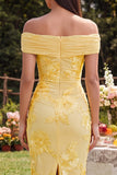 Robe Maxi fleurie jaune bodycon, épaule dénudée, avec fente