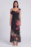 Robe maskini fleurie en tulle noir asymétrique imprimée à gaine