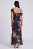 Robe maskini fleurie en tulle noir asymétrique imprimée à gaine