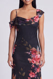 Robe maskini fleurie en tulle noir asymétrique imprimée à gaine