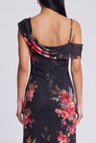 Robe maskini fleurie en tulle noir asymétrique imprimée à gaine