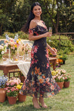 Robe maskini fleurie en tulle noir asymétrique imprimée à gaine