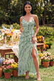 Robe Maxi à brettes à volants à bretelles florales en sauge poussiéreuse
