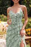 Robe Maxi à brettes à volants à bretelles florales en sauge poussiéreuse