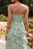 Robe Maxi à brettes à volants à bretelles florales en sauge poussiéreuse