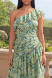 Une robe à fleurs longues à volants vert poussiéreux sur une épaule