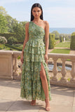 Robe Maxi à étages à une épaule verte poussiéreuse fleurie A Line