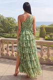 Robe Maxi à étages à une épaule verte poussiéreuse fleurie A Line