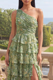 Robe Maxi à étages à une épaule verte poussiéreuse fleurie A Line