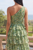 Robe Maxi à étages à une épaule verte poussiéreuse fleurie A Line