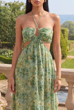 Robe Maxi A en forme de découpe à coups nus en fleur verte poussiéreuse