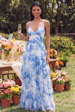 Bleu blanc à bretelles florales Une robe longue à volants en ligne