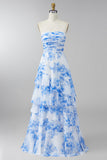 Robe Maxi à volants blanche, bleue, fleurie sans bretelles A Line