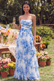 Robe Maxi à volants blanche, bleue, fleurie sans bretelles A Line