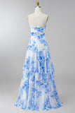 Robe Maxi à volants blanche, bleue, fleurie sans bretelles A Line