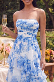 Robe Maxi à volants blanche, bleue, fleurie sans bretelles A Line