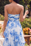 Robe Maxi à volants blanche, bleue, fleurie sans bretelles A Line
