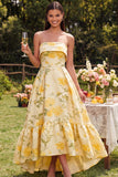 Robe fleurie jaune sans bretelles A Line High-Low
