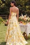 Robe fleurie jaune sans bretelles A Line High-Low