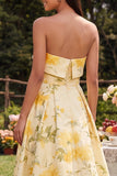 Robe fleurie jaune sans bretelles A Line High-Low