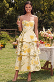 Robe Midi à étages jaune fleurie jaune sans bustier