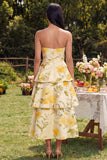 Robe Midi à étages jaune fleurie jaune sans bustier