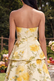 Robe Midi à étages jaune fleurie jaune sans bustier