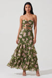Robe Maxi à volants découpée en sirène à motifs floraux vert foncé, sans bretelles
