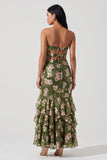 Robe Maxi à volants découpée en sirène à motifs floraux vert foncé, sans bretelles