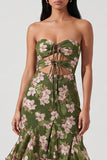 Robe Maxi à volants découpée en sirène à motifs floraux vert foncé, sans bretelles