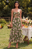 Robe Maxi à volants découpée en sirène à motifs floraux vert foncé, sans bretelles