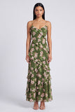 Robe maskini à fausses à bretelles florales vert foncé et à volants
