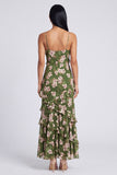 Robe maskini à fausses à bretelles florales vert foncé et à volants