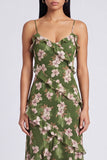 Robe maskini à fausses à bretelles florales vert foncé et à volants