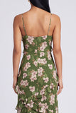 Robe maskini à fausses à bretelles florales vert foncé et à volants