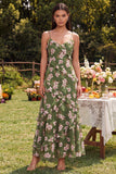 Robe maskini à fausses à bretelles florales vert foncé et à volants