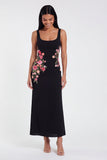 Robe longue à fleurs à col carré noir à fourreau