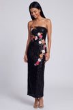 Robe noire scintillante sans bretelles Fourreau long à fleurs à sequins