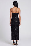 Robe noire scintillante sans bretelles Fourreau long à fleurs à sequins